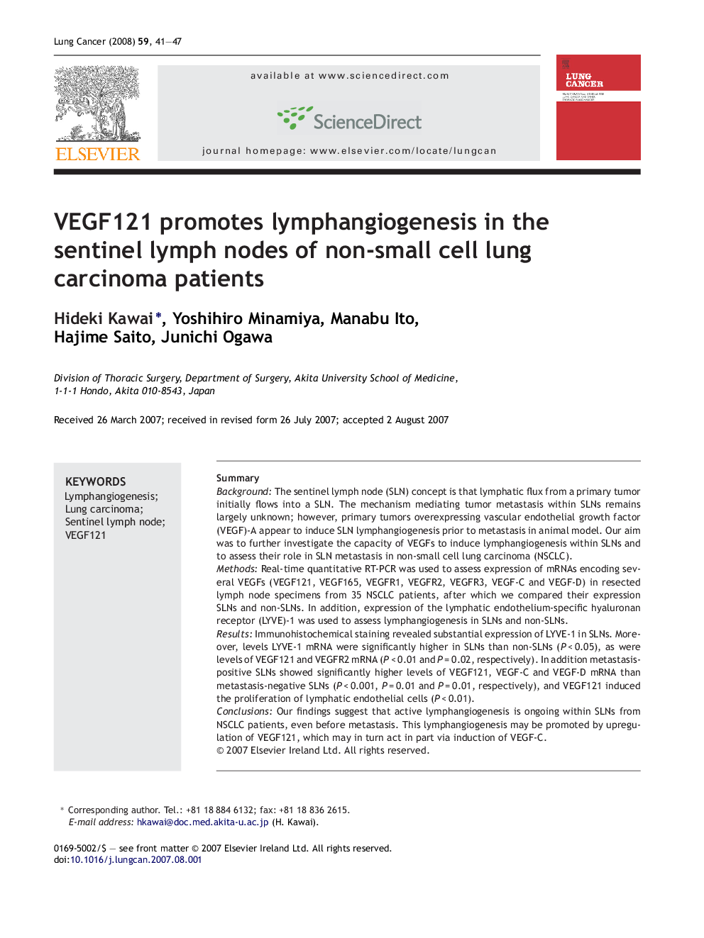 VEGF121 promotes lymphangiogenesis in the sentinel lymph nodes of non-small cell lung carcinoma patients