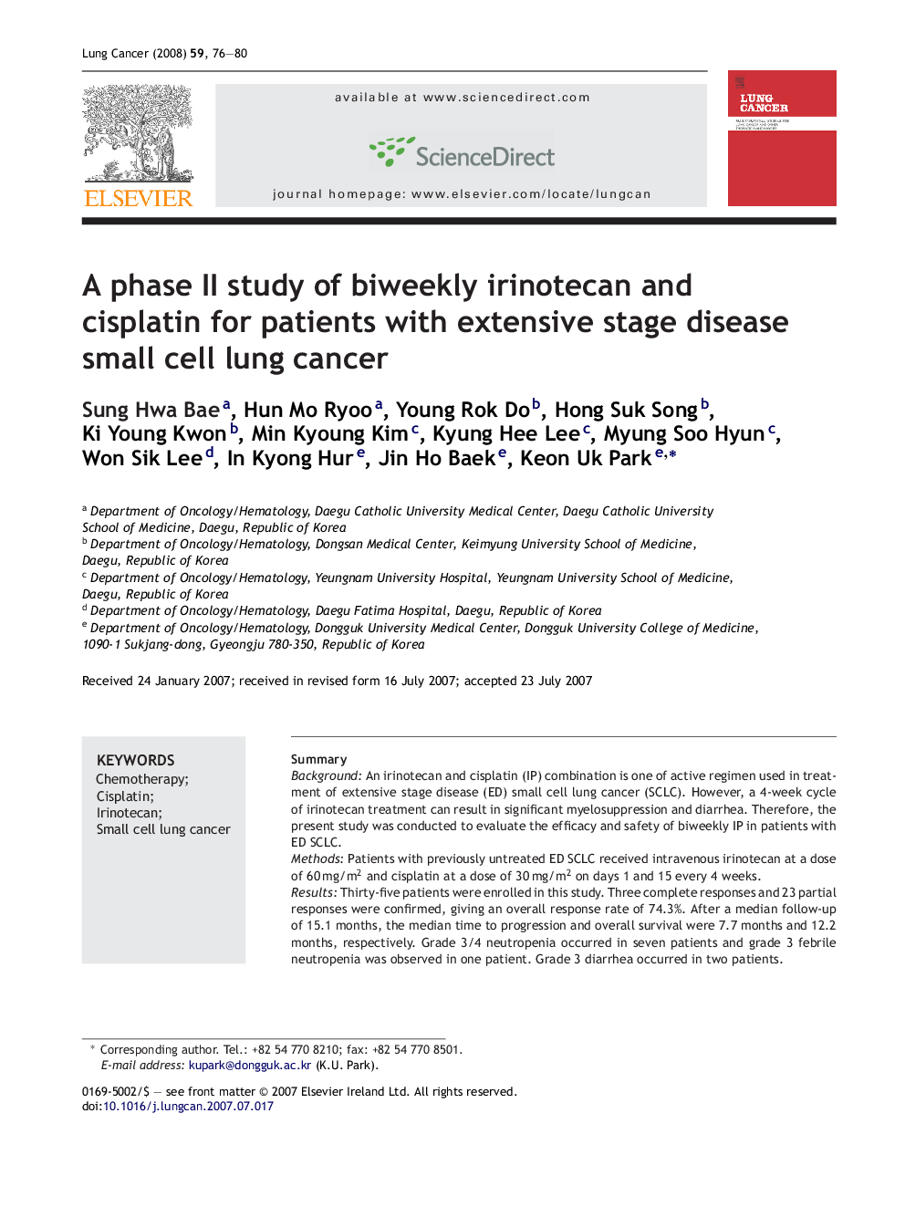 A phase II study of biweekly irinotecan and cisplatin for patients with extensive stage disease small cell lung cancer