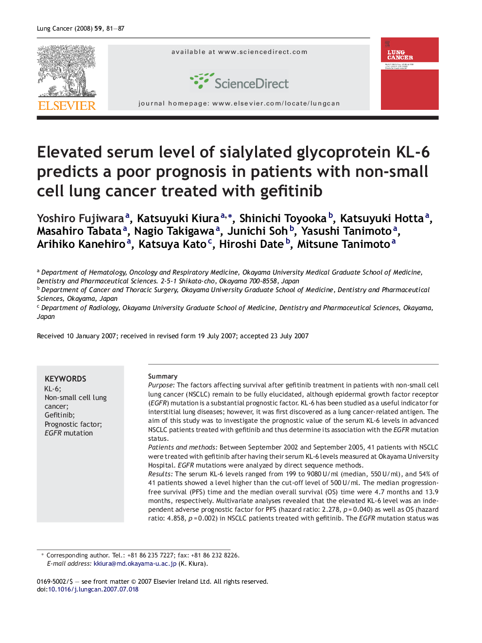 Elevated serum level of sialylated glycoprotein KL-6 predicts a poor prognosis in patients with non-small cell lung cancer treated with gefitinib