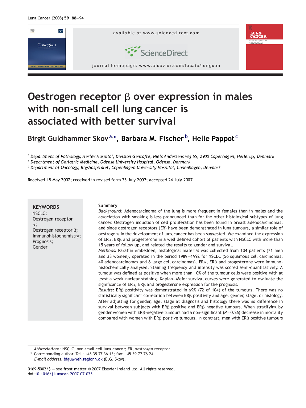 Oestrogen receptor β over expression in males with non-small cell lung cancer is associated with better survival