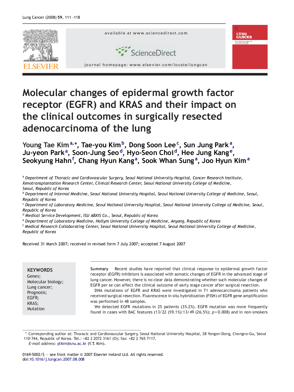 Molecular changes of epidermal growth factor receptor (EGFR) and KRAS and their impact on the clinical outcomes in surgically resected adenocarcinoma of the lung