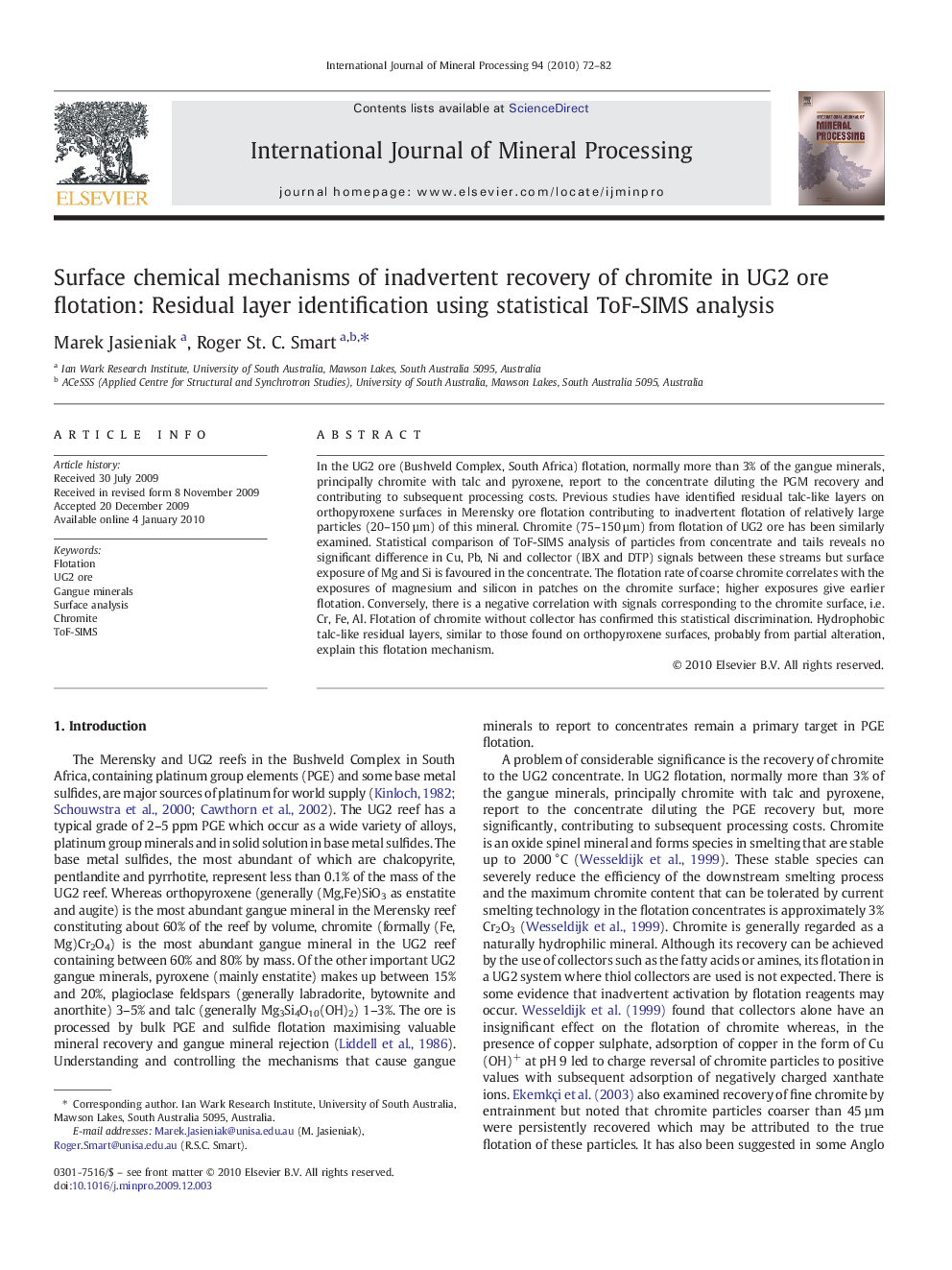 Surface chemical mechanisms of inadvertent recovery of chromite in UG2 ore flotation: Residual layer identification using statistical ToF-SIMS analysis