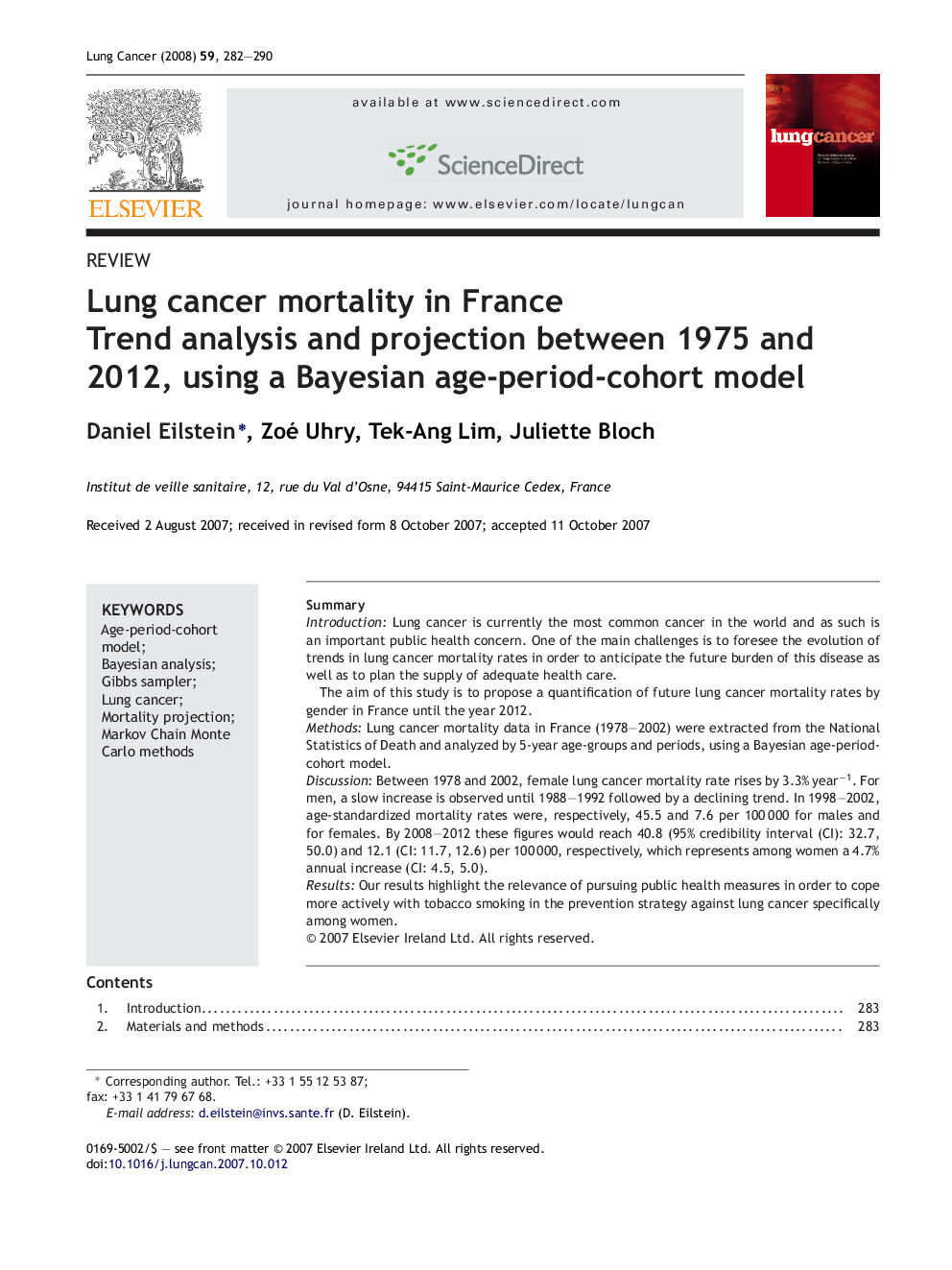 Lung cancer mortality in France: Trend analysis and projection between 1975 and 2012, using a Bayesian age-period-cohort model