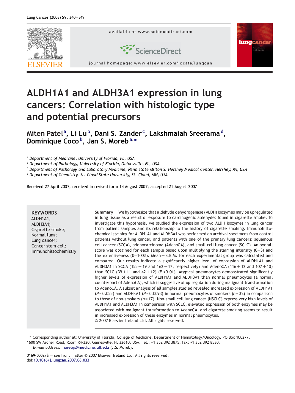 ALDH1A1 and ALDH3A1 expression in lung cancers: Correlation with histologic type and potential precursors