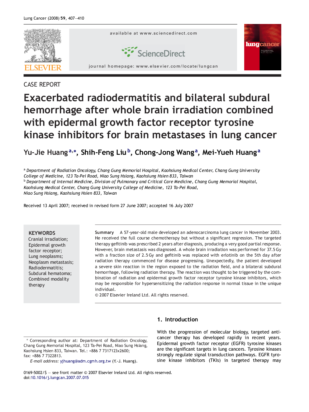 Exacerbated radiodermatitis and bilateral subdural hemorrhage after whole brain irradiation combined with epidermal growth factor receptor tyrosine kinase inhibitors for brain metastases in lung cancer