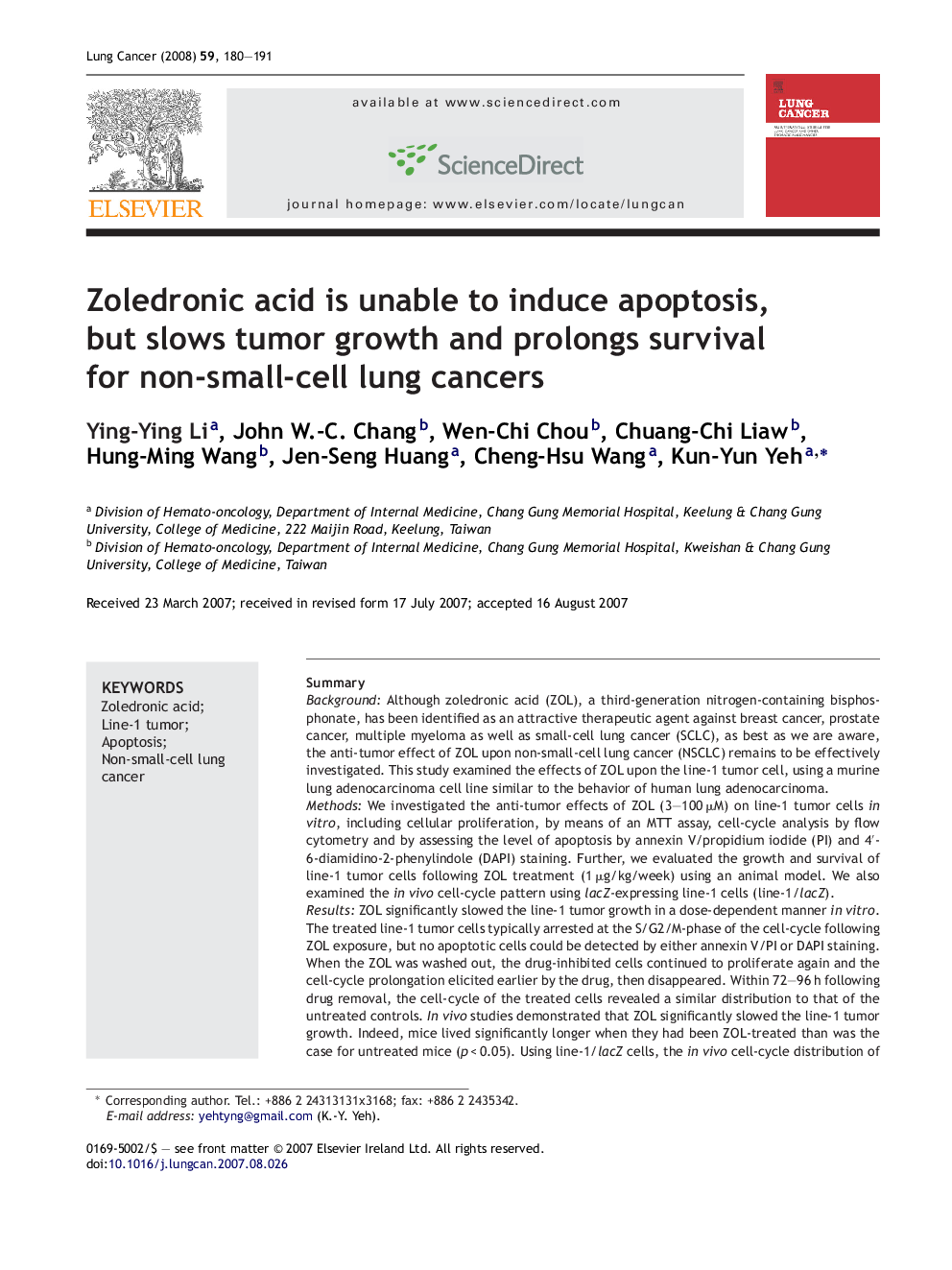 Zoledronic acid is unable to induce apoptosis, but slows tumor growth and prolongs survival for non-small-cell lung cancers