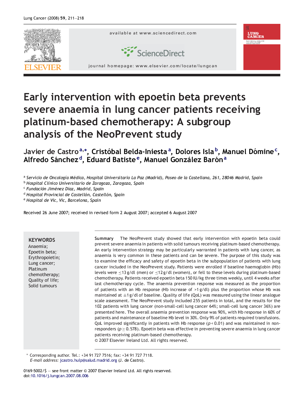 Early intervention with epoetin beta prevents severe anaemia in lung cancer patients receiving platinum-based chemotherapy: A subgroup analysis of the NeoPrevent study