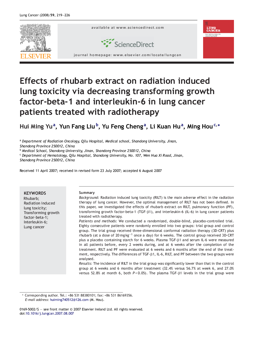 Effects of rhubarb extract on radiation induced lung toxicity via decreasing transforming growth factor-beta-1 and interleukin-6 in lung cancer patients treated with radiotherapy