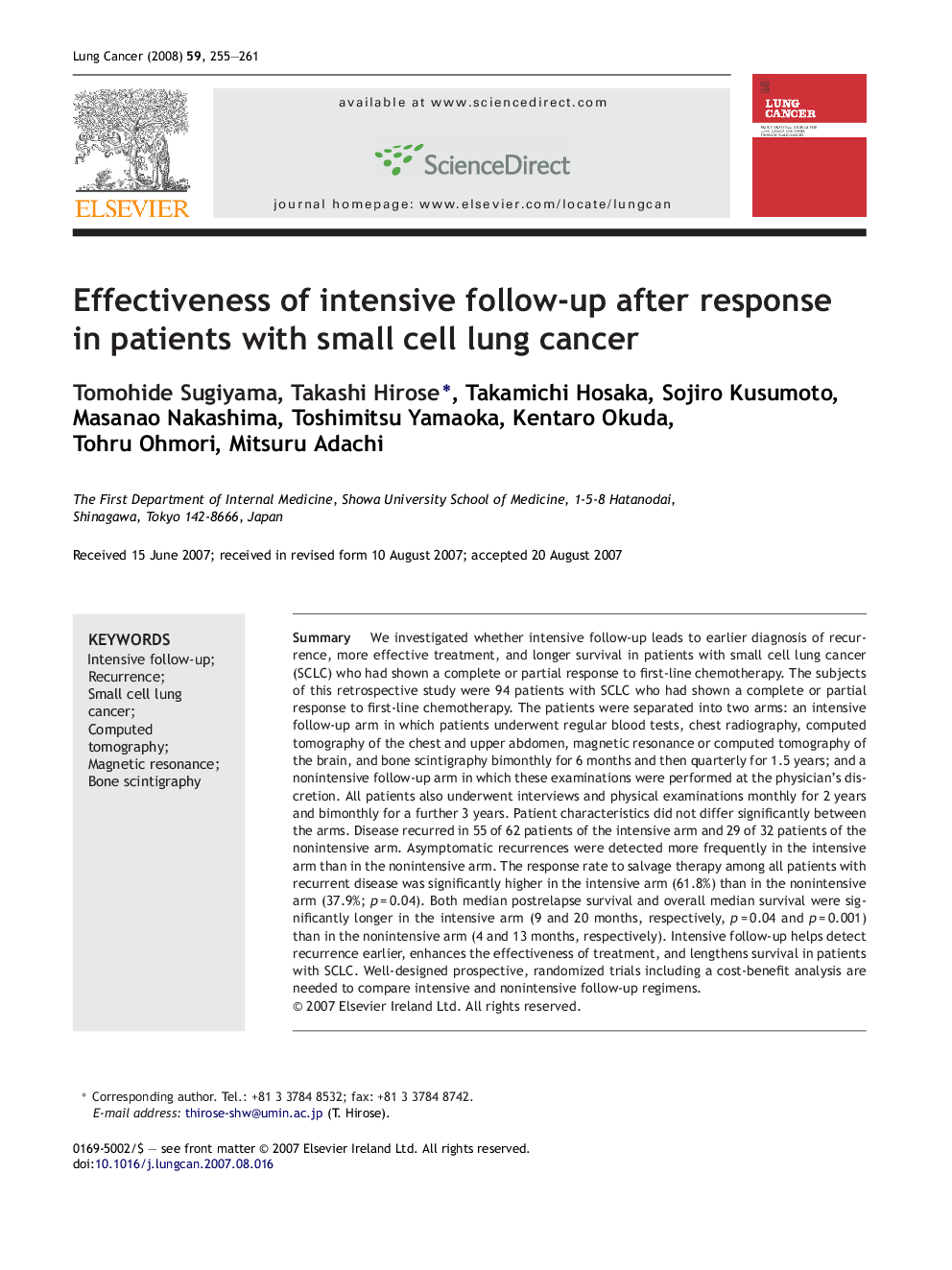 Effectiveness of intensive follow-up after response in patients with small cell lung cancer