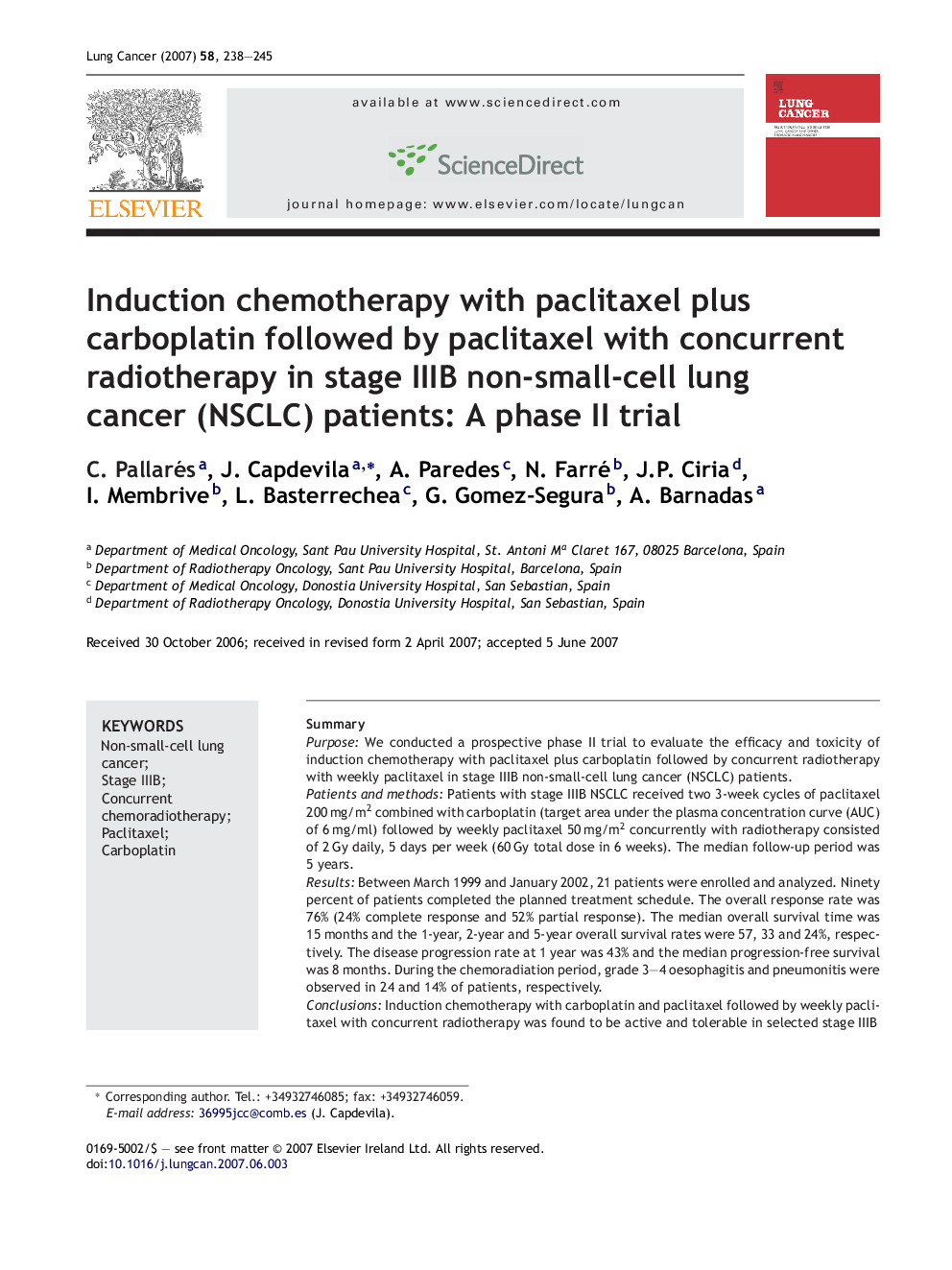 Induction chemotherapy with paclitaxel plus carboplatin followed by paclitaxel with concurrent radiotherapy in stage IIIB non-small-cell lung cancer (NSCLC) patients: A phase II trial