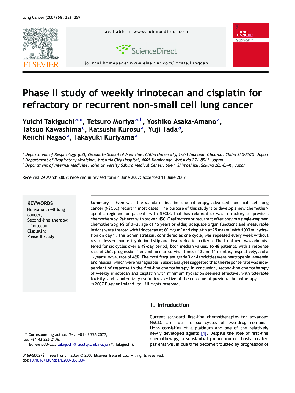 Phase II study of weekly irinotecan and cisplatin for refractory or recurrent non-small cell lung cancer
