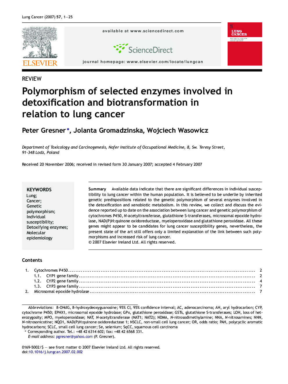 Polymorphism of selected enzymes involved in detoxification and biotransformation in relation to lung cancer