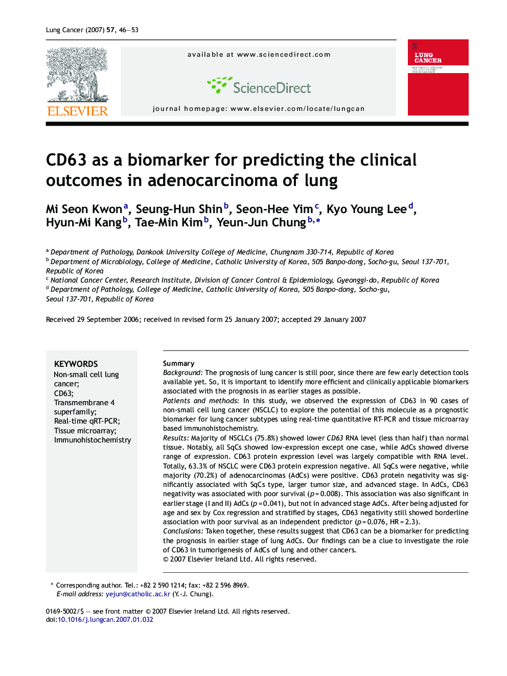 CD63 as a biomarker for predicting the clinical outcomes in adenocarcinoma of lung