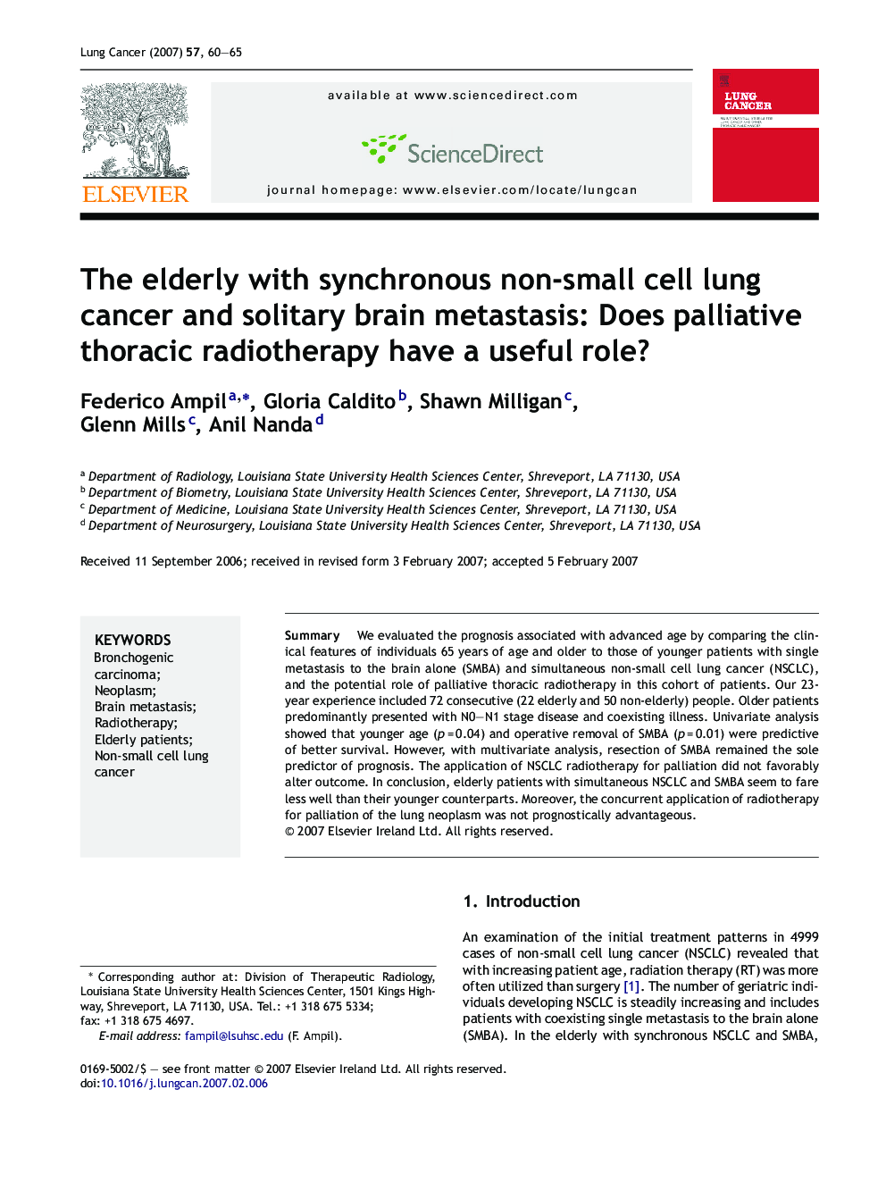 The elderly with synchronous non-small cell lung cancer and solitary brain metastasis: Does palliative thoracic radiotherapy have a useful role?