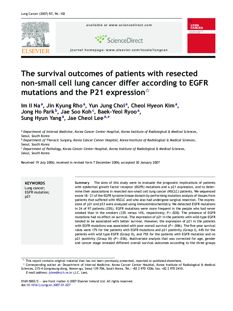 The survival outcomes of patients with resected non-small cell lung cancer differ according to EGFR mutations and the P21 expression 