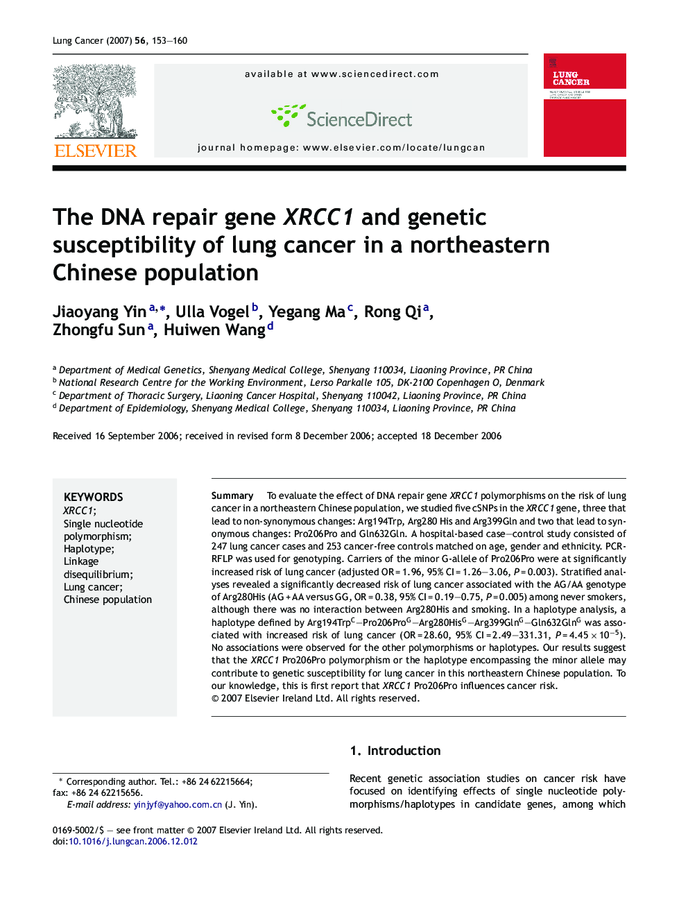 The DNA repair gene XRCC1 and genetic susceptibility of lung cancer in a northeastern Chinese population