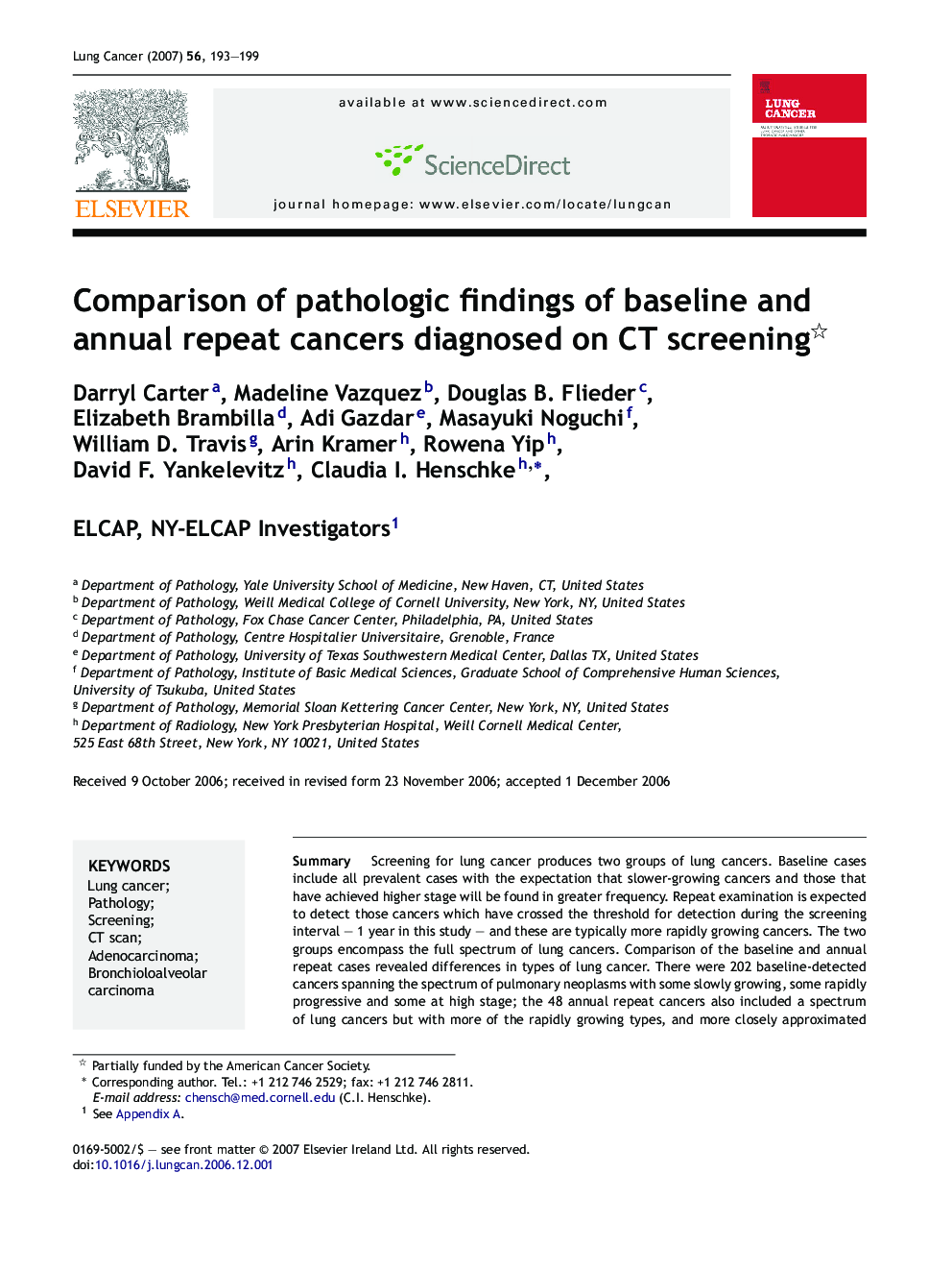 Comparison of pathologic findings of baseline and annual repeat cancers diagnosed on CT screening 