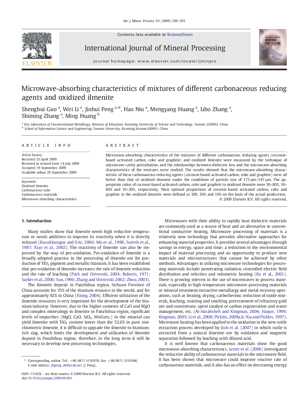 Microwave-absorbing characteristics of mixtures of different carbonaceous reducing agents and oxidized ilmenite