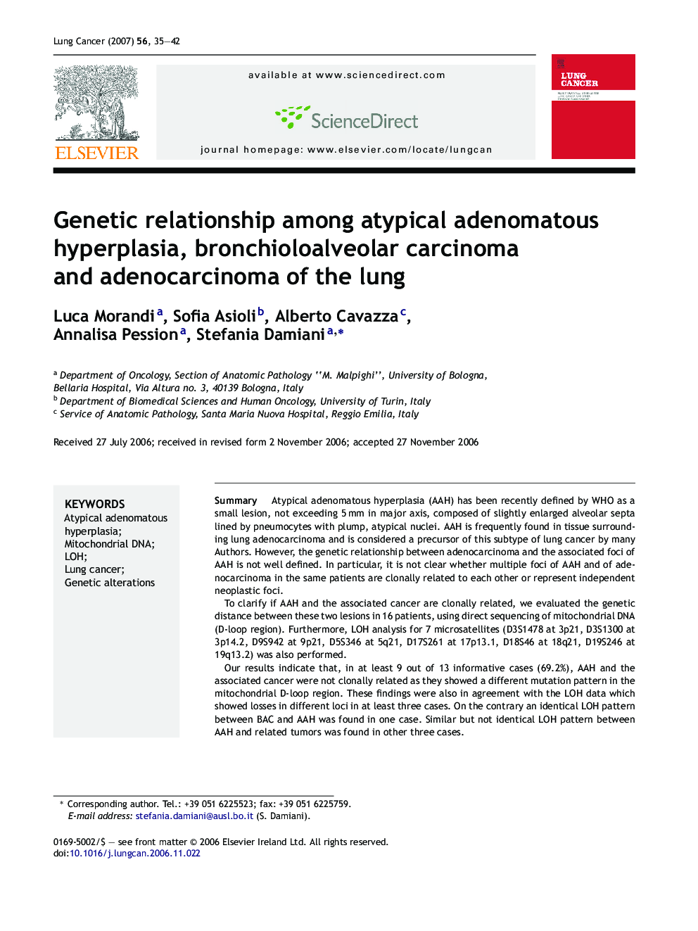 Genetic relationship among atypical adenomatous hyperplasia, bronchioloalveolar carcinoma and adenocarcinoma of the lung