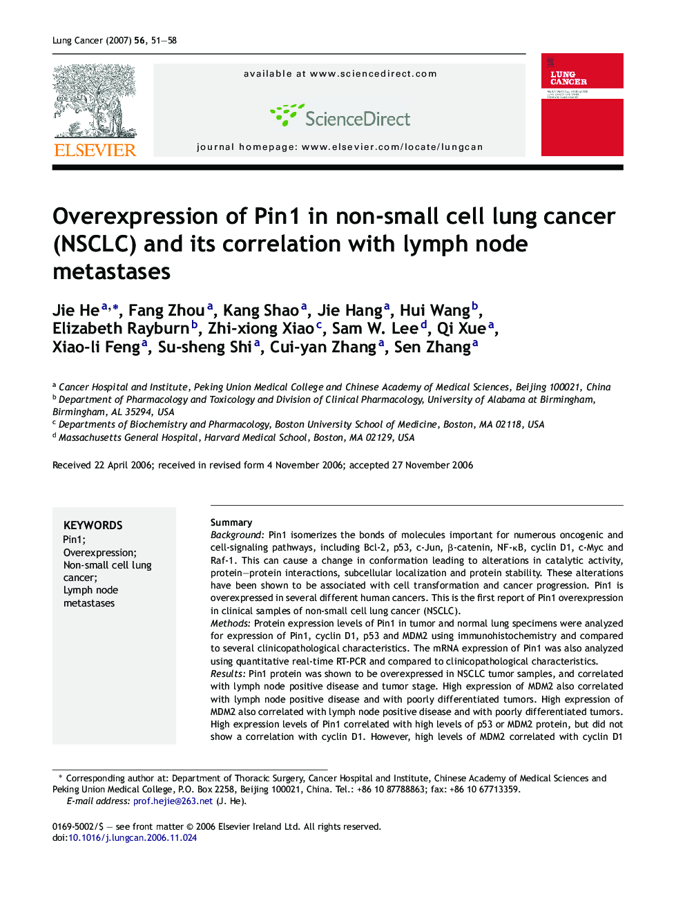 Overexpression of Pin1 in non-small cell lung cancer (NSCLC) and its correlation with lymph node metastases