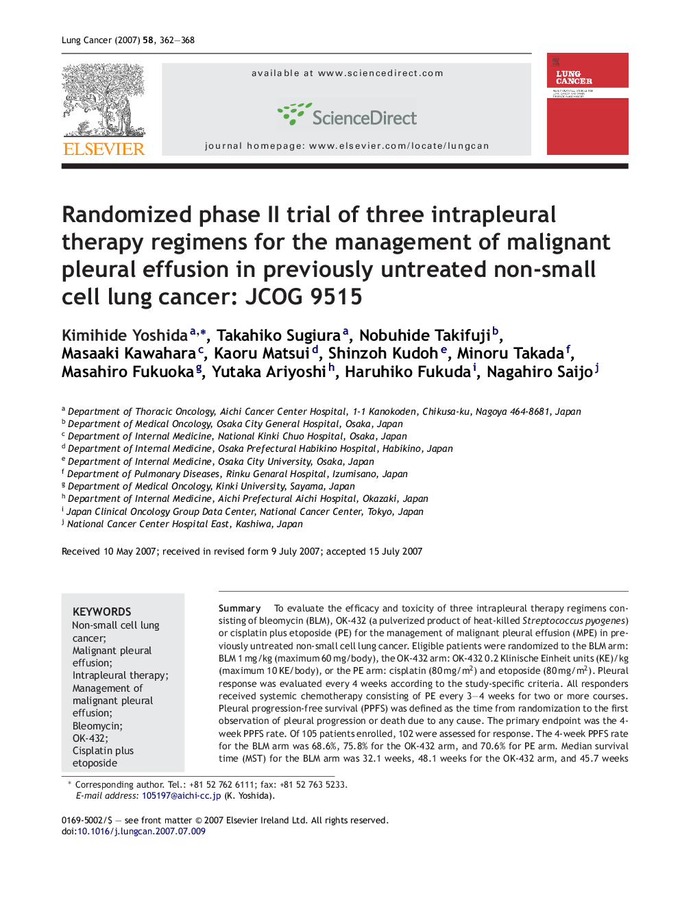 عکس صفحه اول مقاله: Randomized phase II trial of three intrapleural therapy regimens for the management of malignant pleural effusion in previously untreated non-small cell lung cancer: JCOG 9515 Randomized phase II trial of three intrapleural therapy regimens for the management of malignant pleural effusion in previously untreated non-small cell lung cancer: JCOG 9515