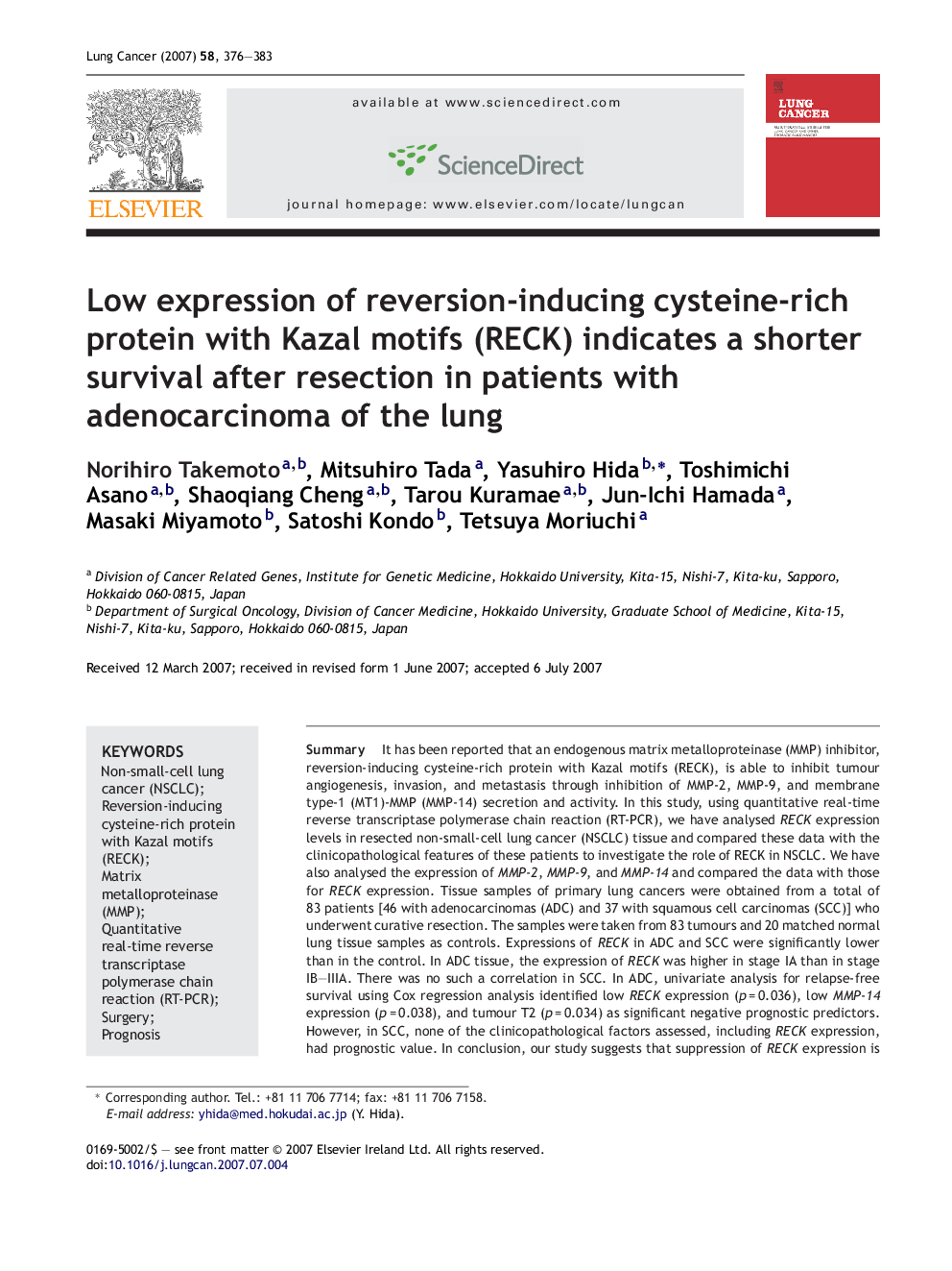 عکس صفحه اول مقاله: Low expression of reversion-inducing cysteine-rich protein with Kazal motifs (RECK) indicates a shorter survival after resection in patients with adenocarcinoma of the lung Low expression of reversion-inducing cysteine-rich protein with Kazal motifs (RECK) indicates a shorter survival after resection in patients with adenocarcinoma of the lung