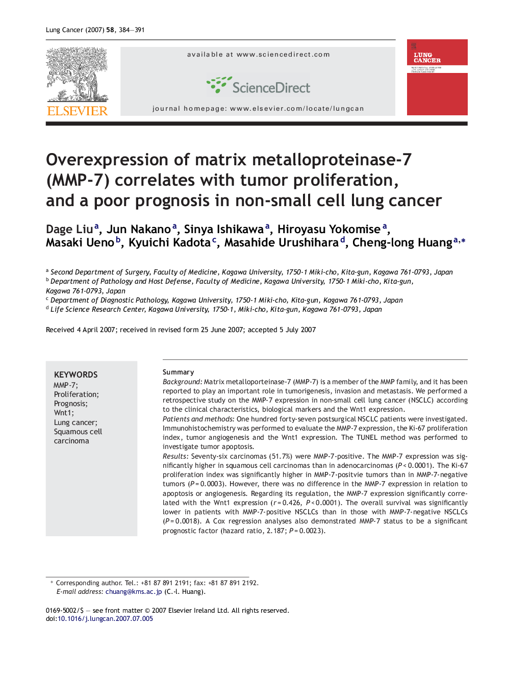 Overexpression of matrix metalloproteinase-7 (MMP-7) correlates with tumor proliferation, and a poor prognosis in non-small cell lung cancer