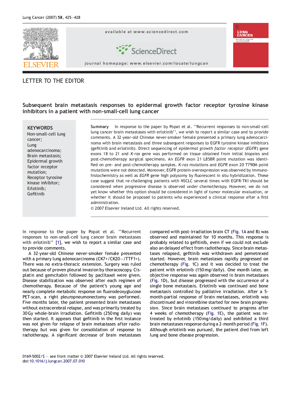 Subsequent brain metastasis responses to epidermal growth factor receptor tyrosine kinase inhibitors in a patient with non-small-cell lung cancer