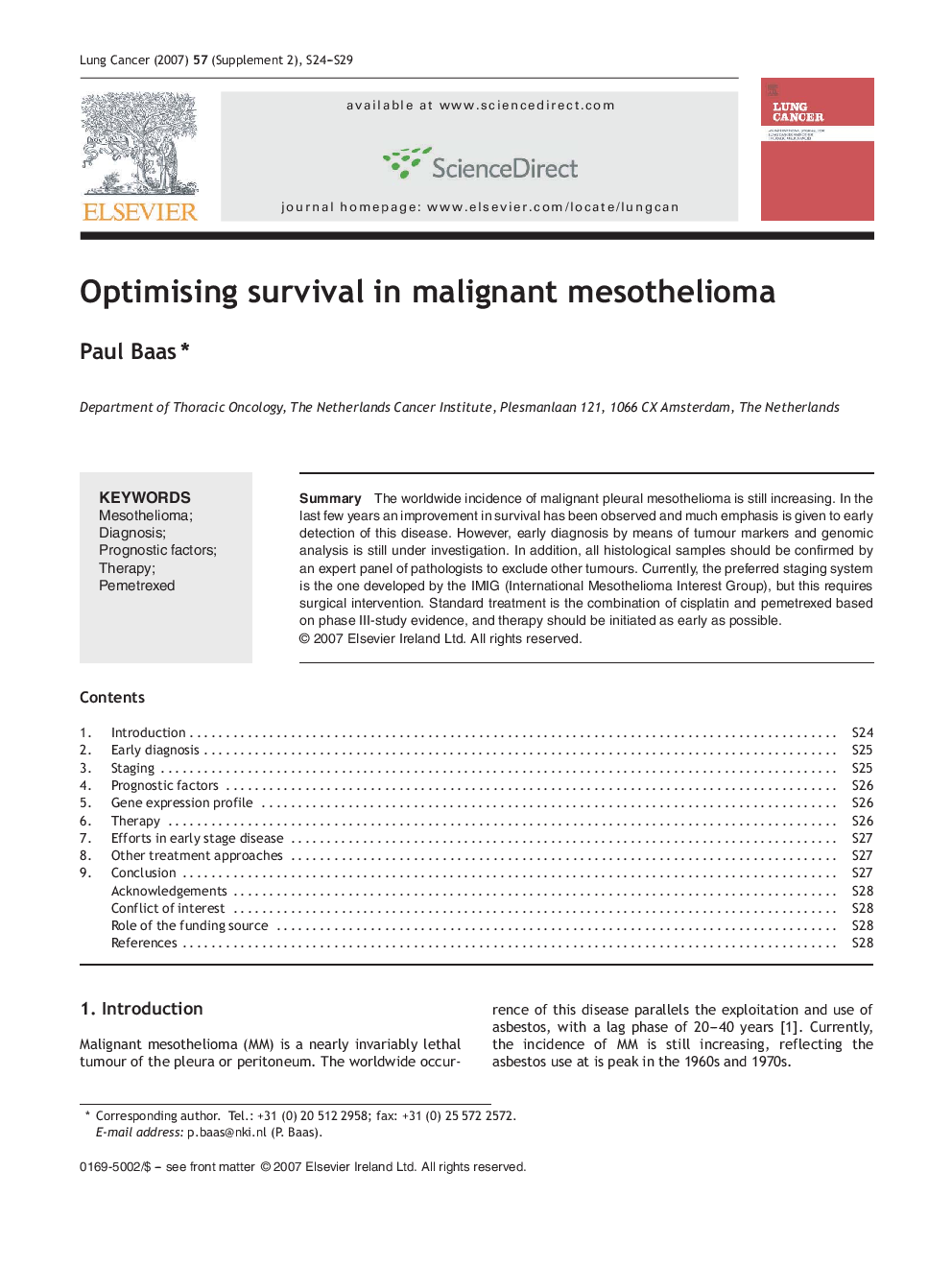 Optimising survival in malignant mesothelioma