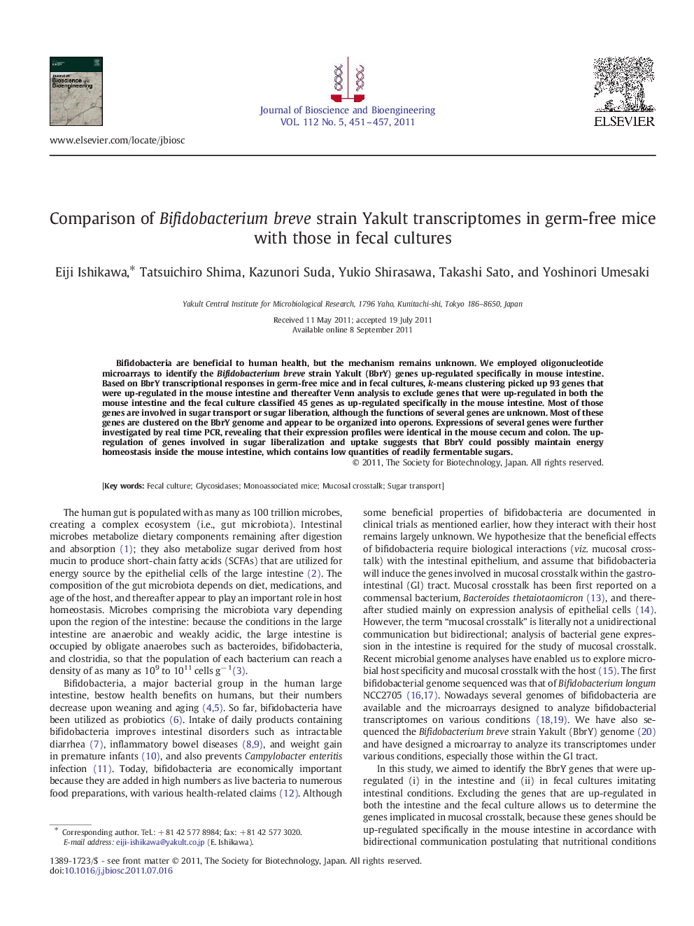 Comparison of Bifidobacterium breve strain Yakult transcriptomes in germ-free mice with those in fecal cultures