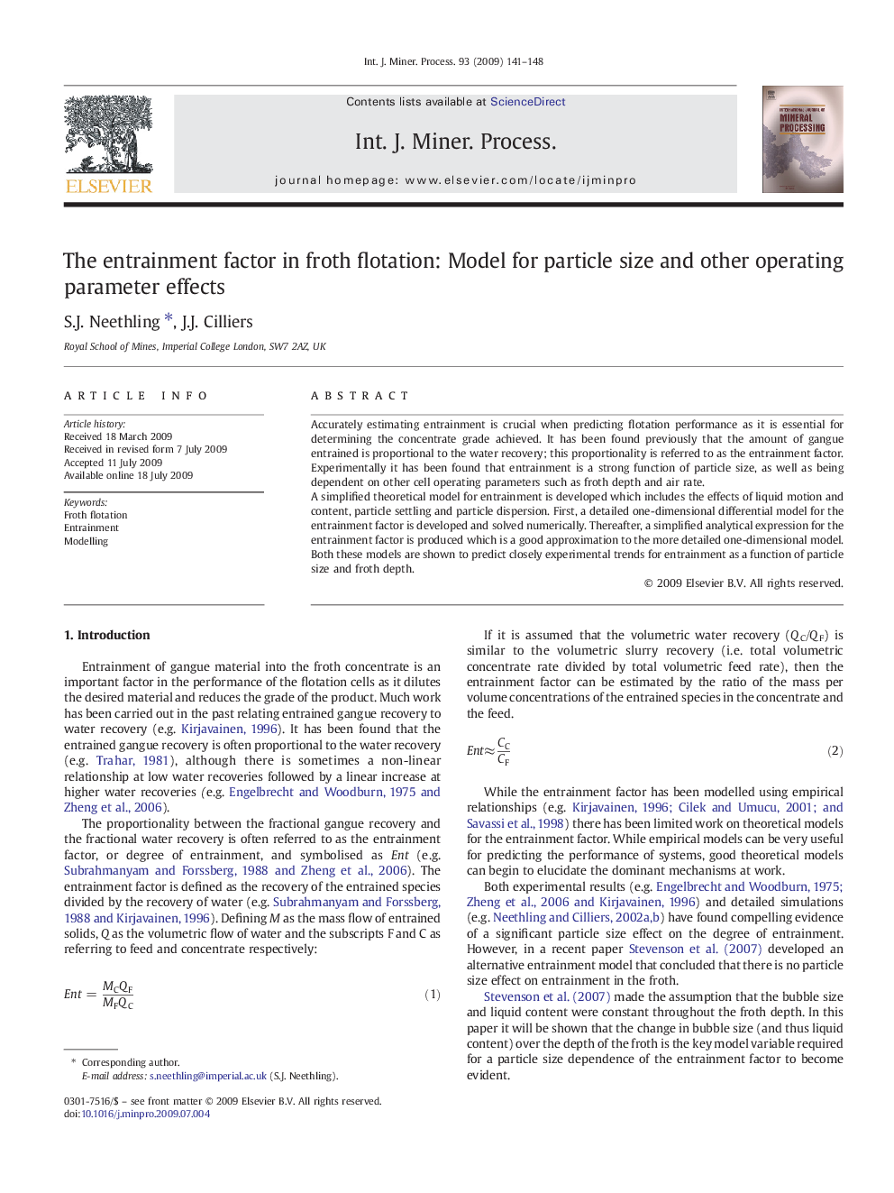 The entrainment factor in froth flotation: Model for particle size and other operating parameter effects