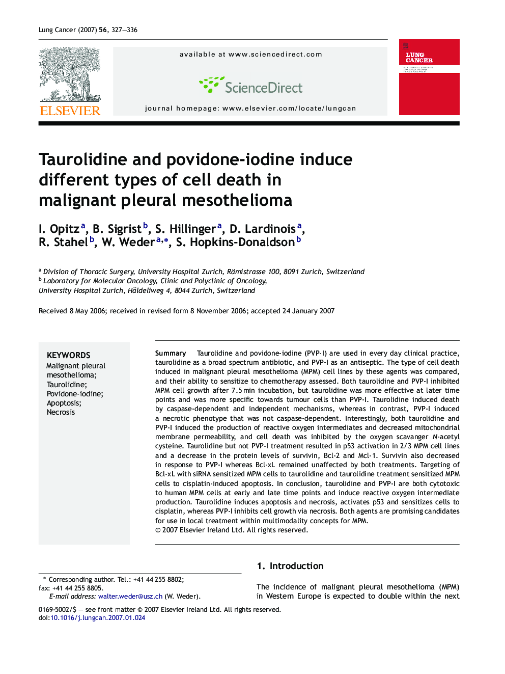 Taurolidine and povidone-iodine induce different types of cell death in malignant pleural mesothelioma