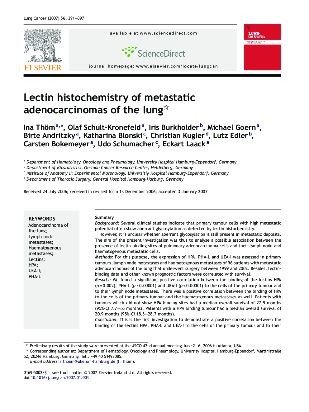 Lectin histochemistry of metastatic adenocarcinomas of the lung 