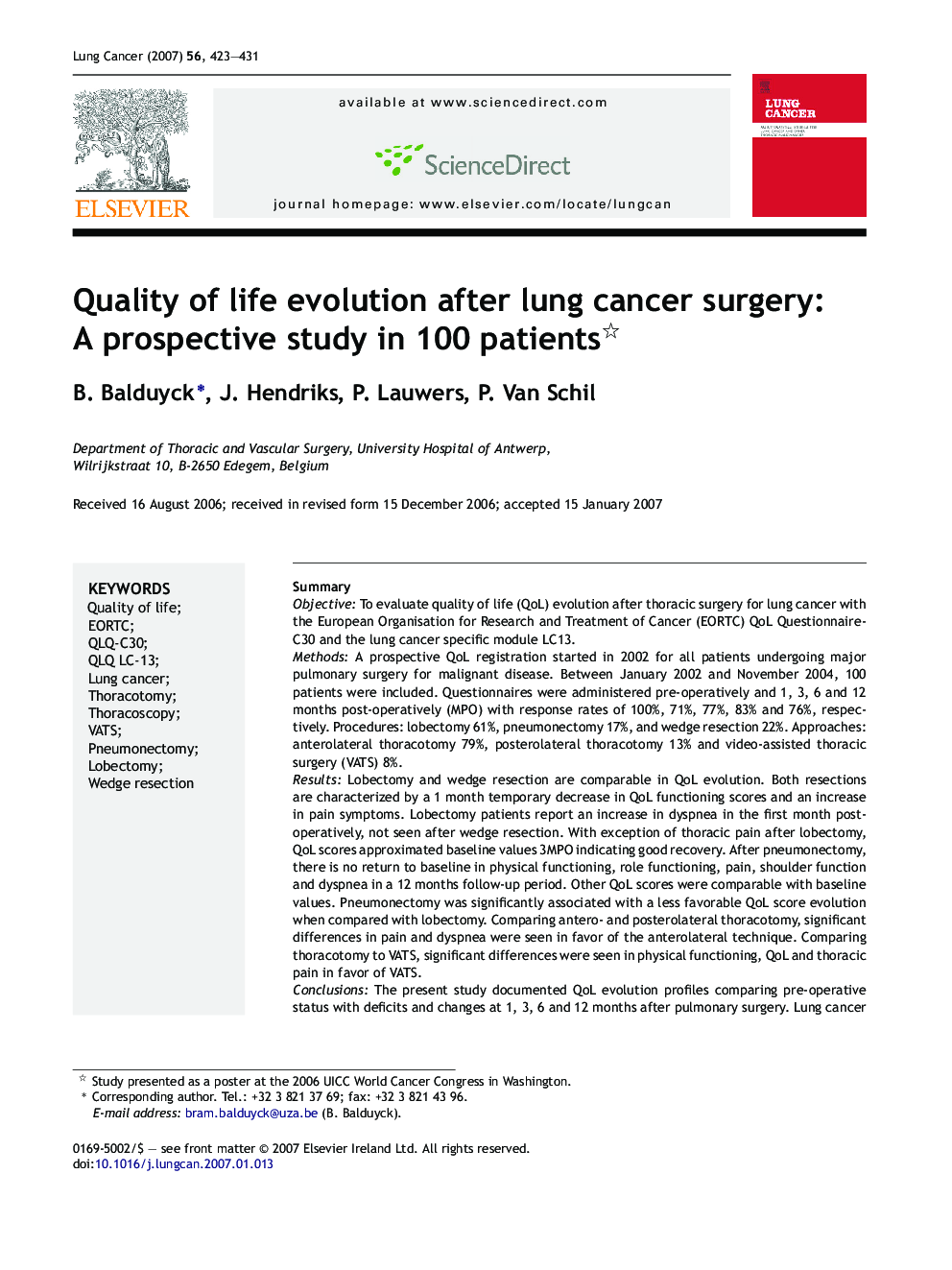 Quality of life evolution after lung cancer surgery: A prospective study in 100 patients 