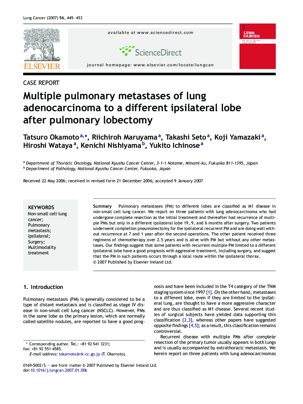 Multiple pulmonary metastases of lung adenocarcinoma to a different ipsilateral lobe after pulmonary lobectomy