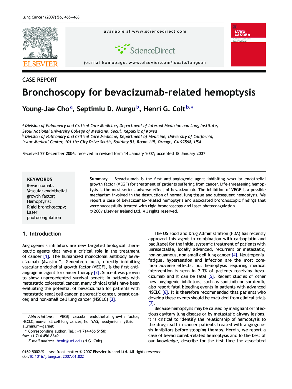 Bronchoscopy for bevacizumab-related hemoptysis
