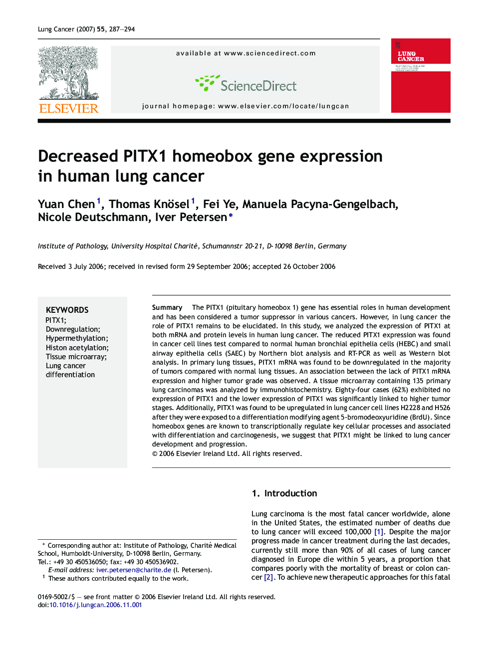 Decreased PITX1 homeobox gene expression in human lung cancer