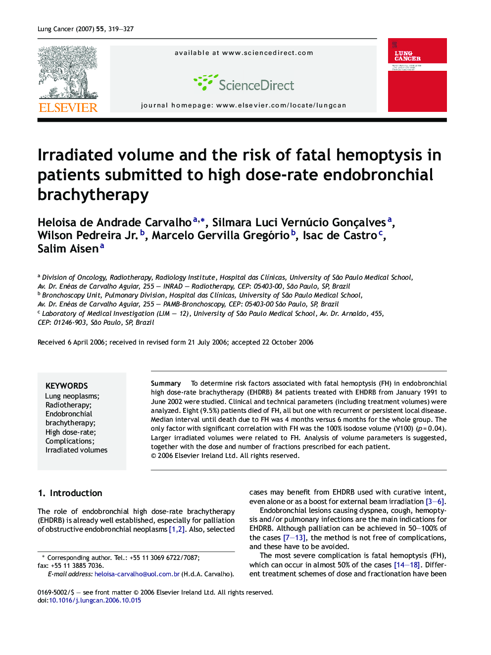 Irradiated volume and the risk of fatal hemoptysis in patients submitted to high dose-rate endobronchial brachytherapy