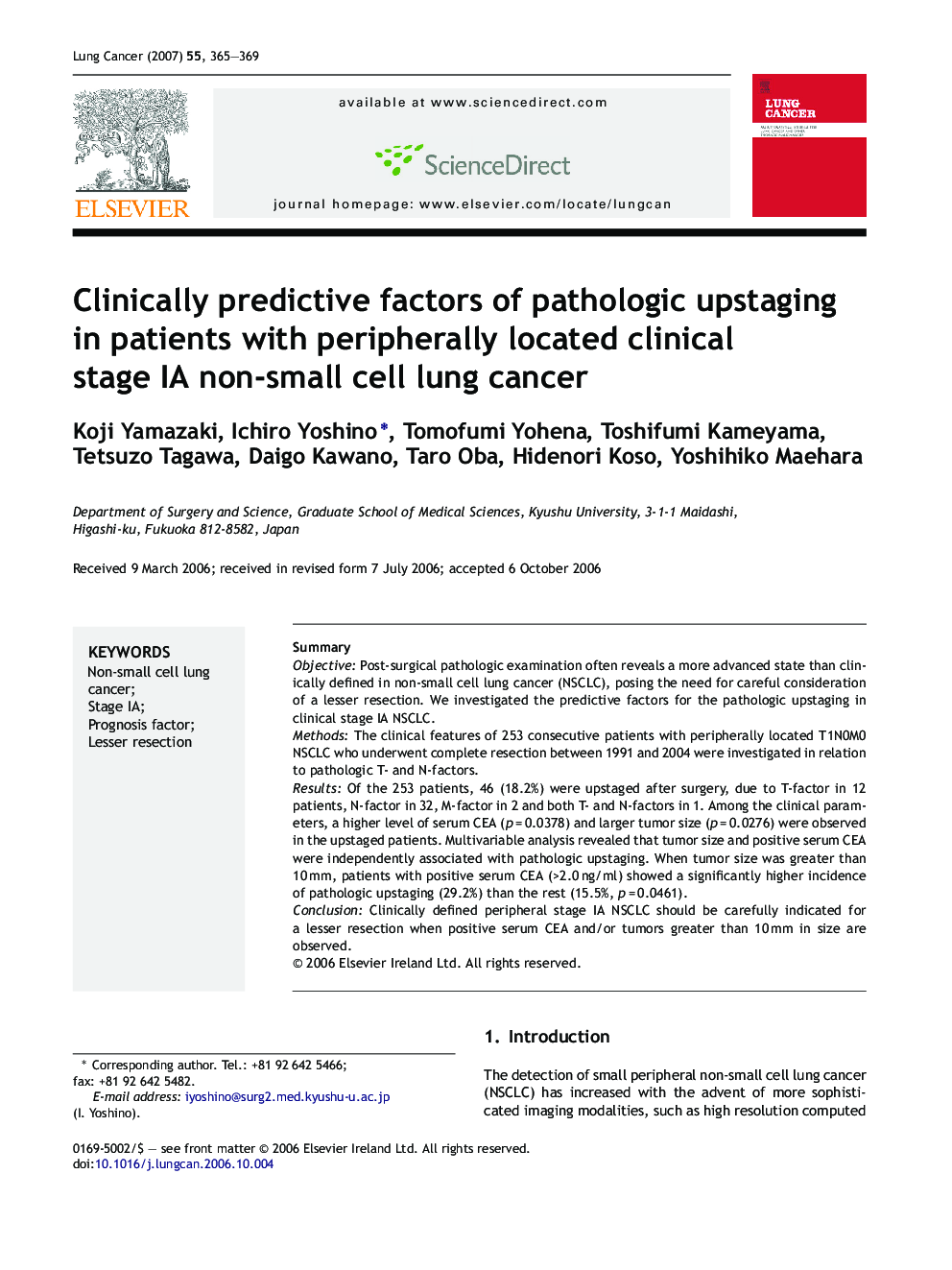 Clinically predictive factors of pathologic upstaging in patients with peripherally located clinical stage IA non-small cell lung cancer