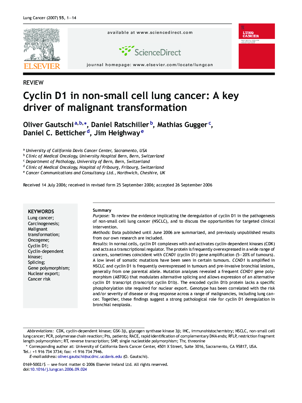 Cyclin D1 in non-small cell lung cancer: A key driver of malignant transformation