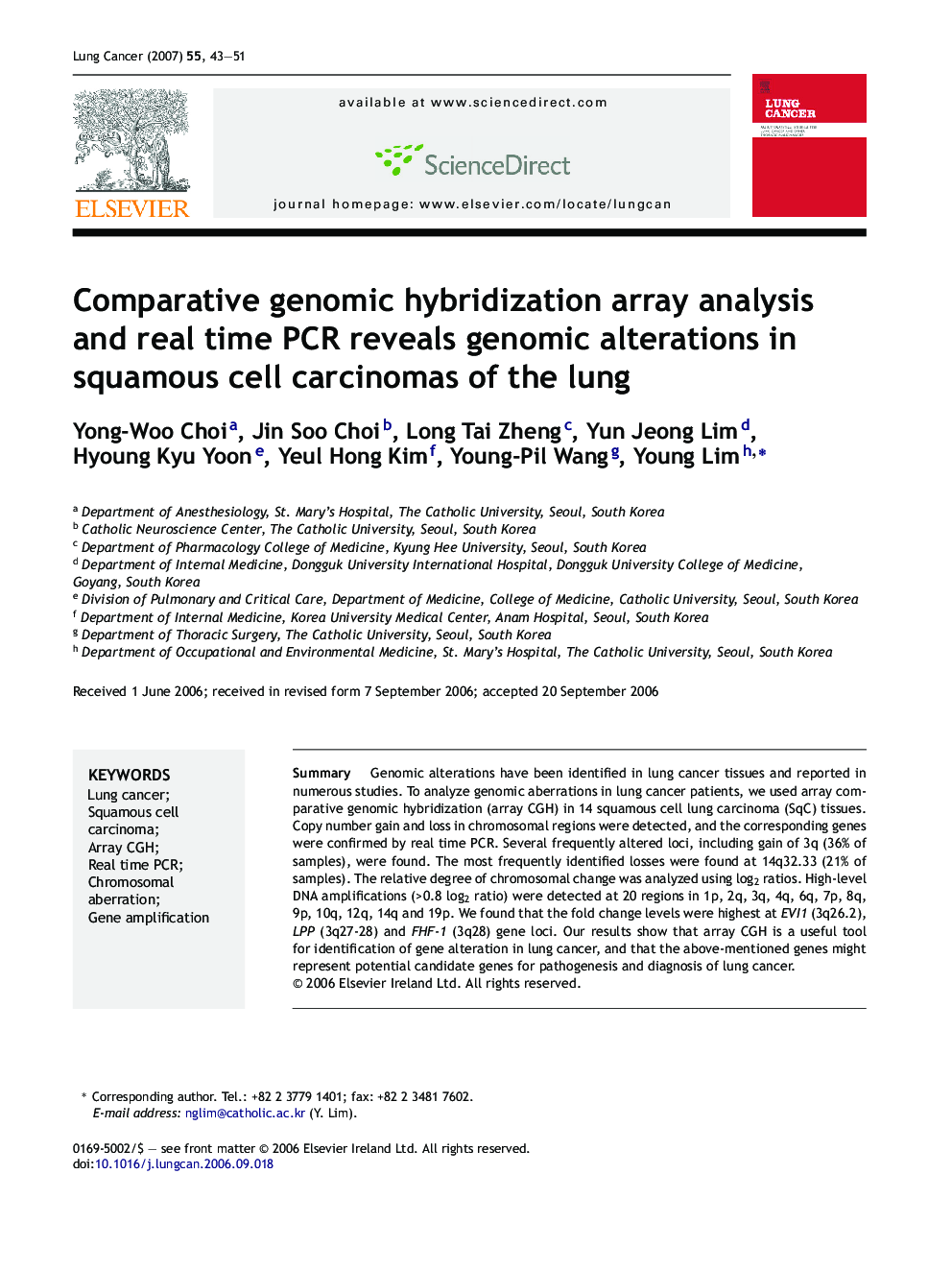 Comparative genomic hybridization array analysis and real time PCR reveals genomic alterations in squamous cell carcinomas of the lung