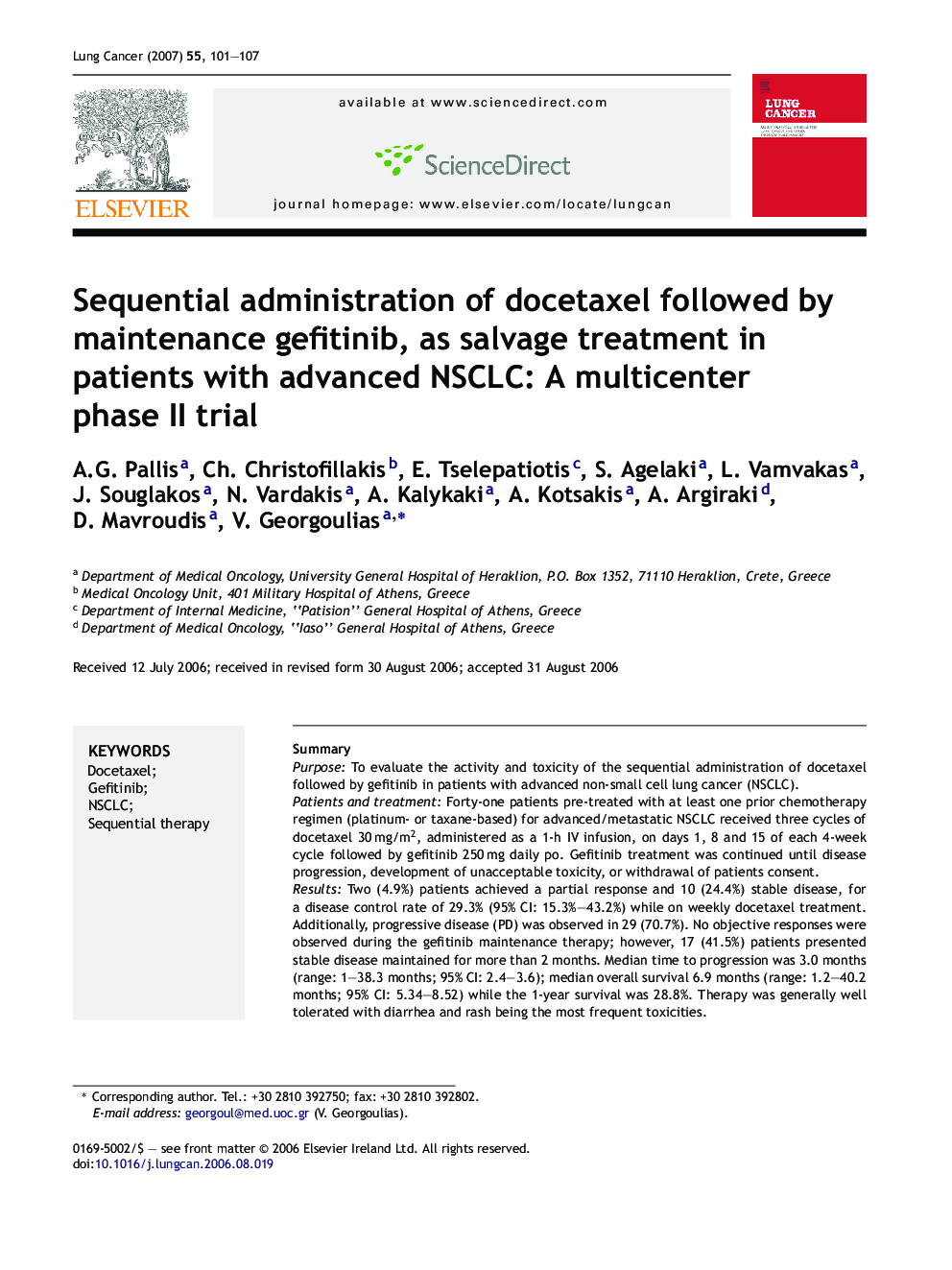 Sequential administration of docetaxel followed by maintenance gefitinib, as salvage treatment in patients with advanced NSCLC: A multicenter phase II trial