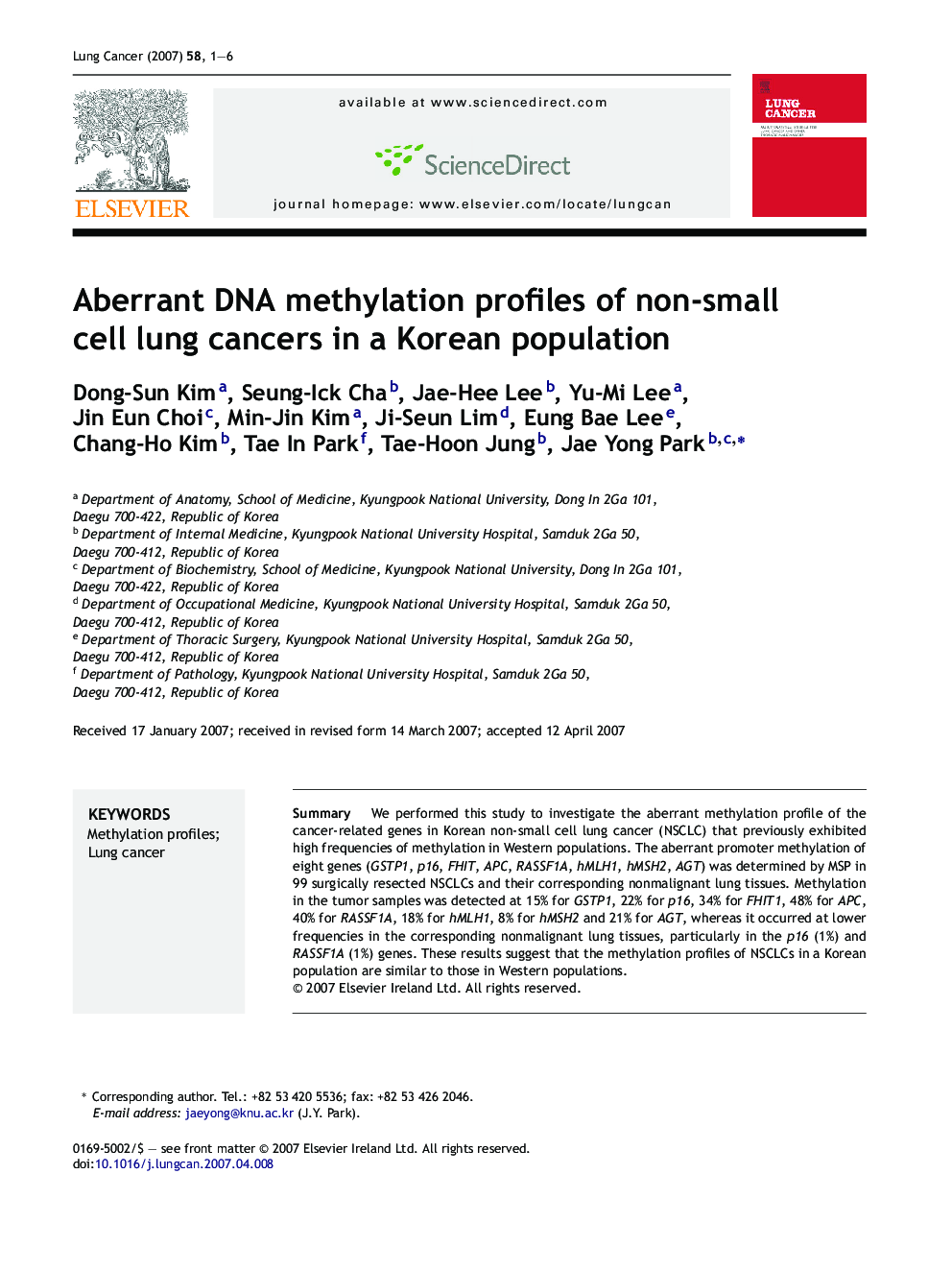 Aberrant DNA methylation profiles of non-small cell lung cancers in a Korean population