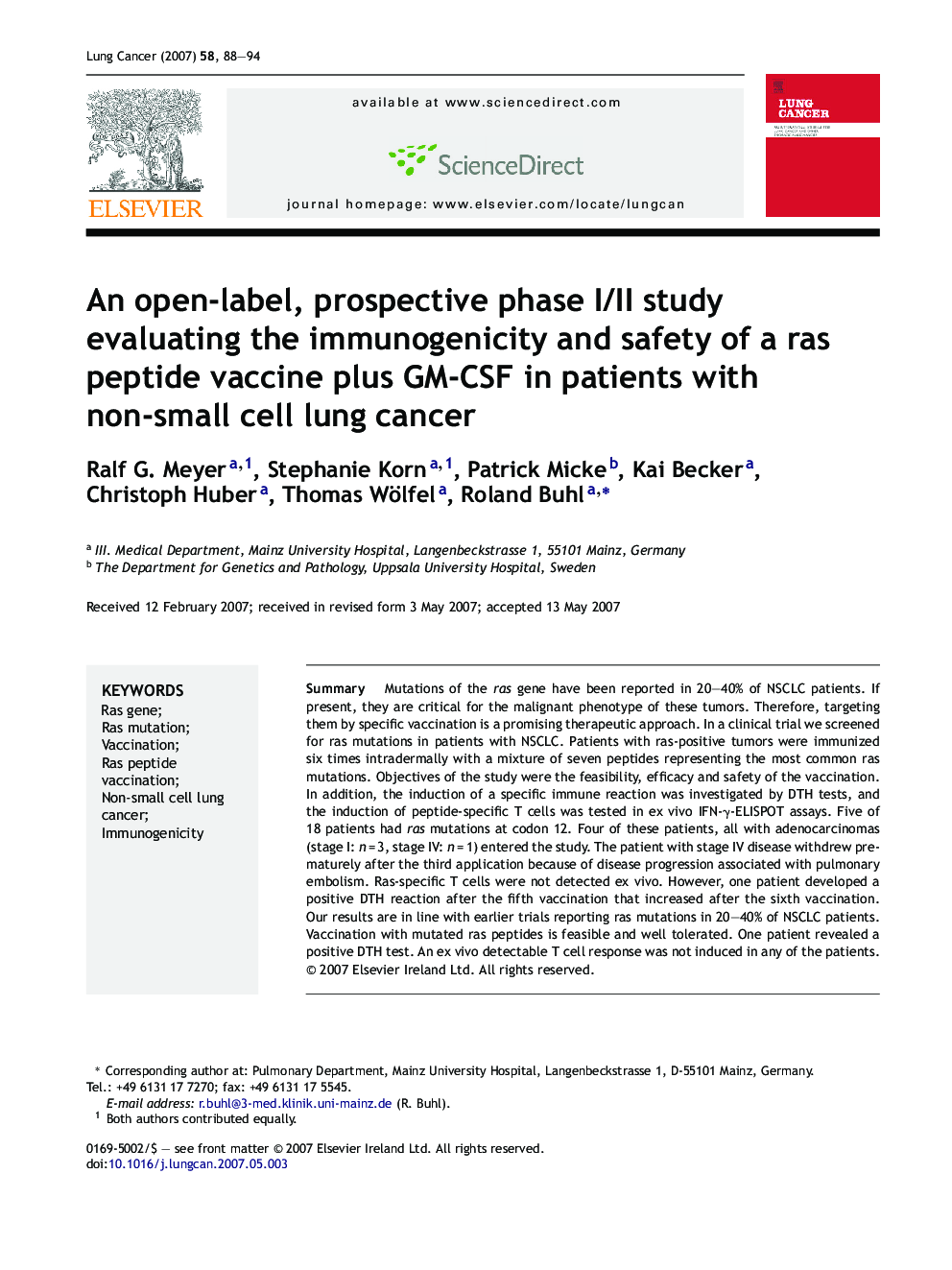 An open-label, prospective phase I/II study evaluating the immunogenicity and safety of a ras peptide vaccine plus GM-CSF in patients with non-small cell lung cancer