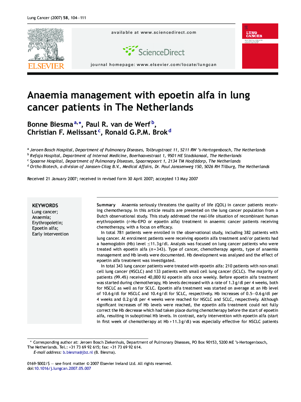 Anaemia management with epoetin alfa in lung cancer patients in The Netherlands