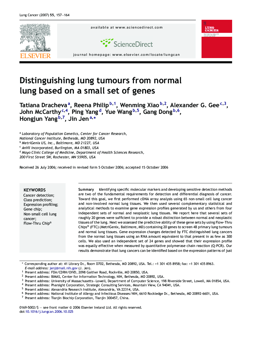 Distinguishing lung tumours from normal lung based on a small set of genes
