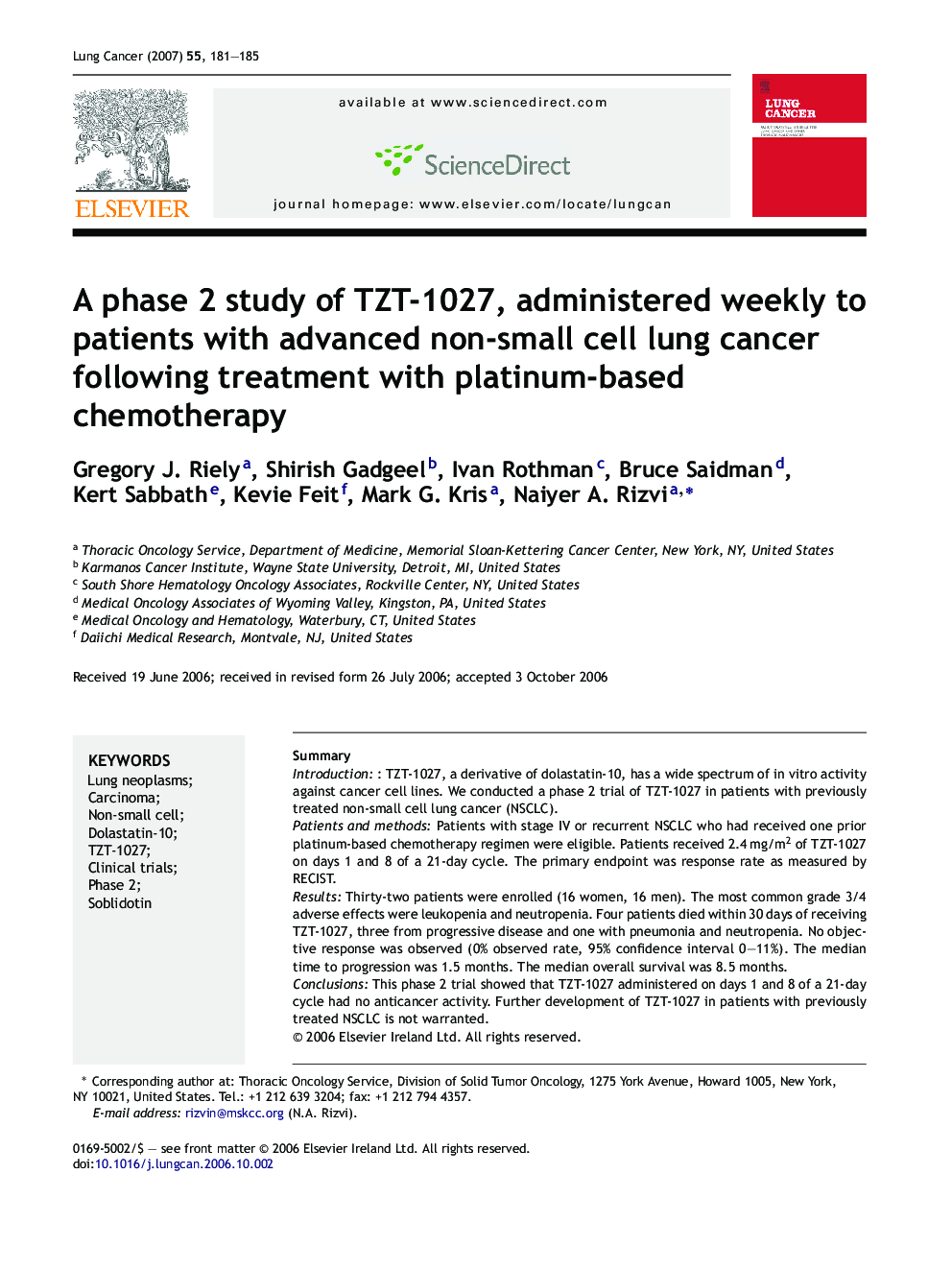 A phase 2 study of TZT-1027, administered weekly to patients with advanced non-small cell lung cancer following treatment with platinum-based chemotherapy