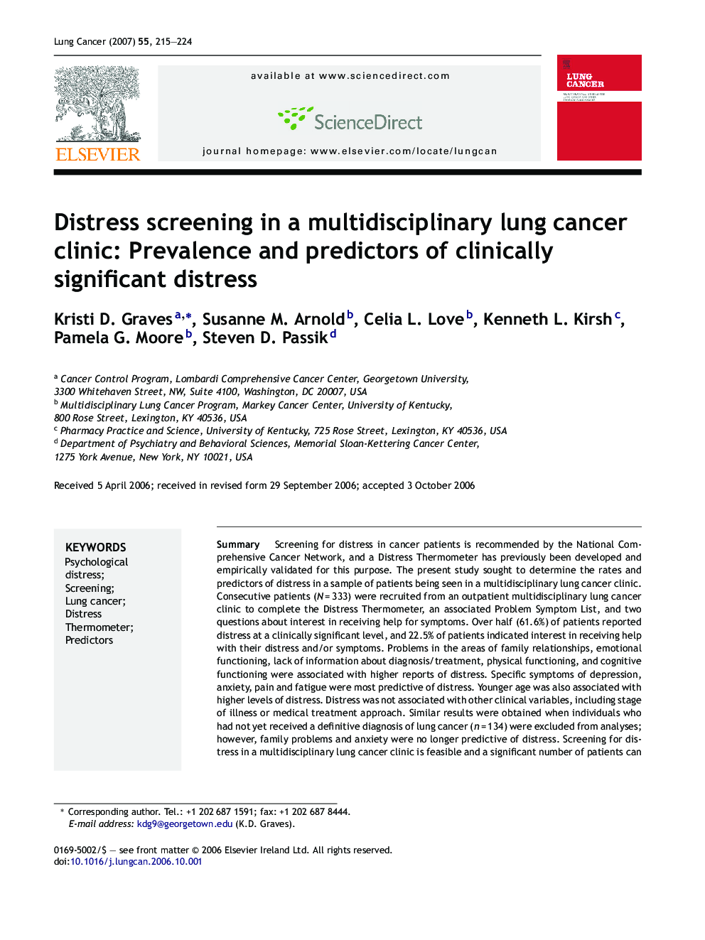 Distress screening in a multidisciplinary lung cancer clinic: Prevalence and predictors of clinically significant distress