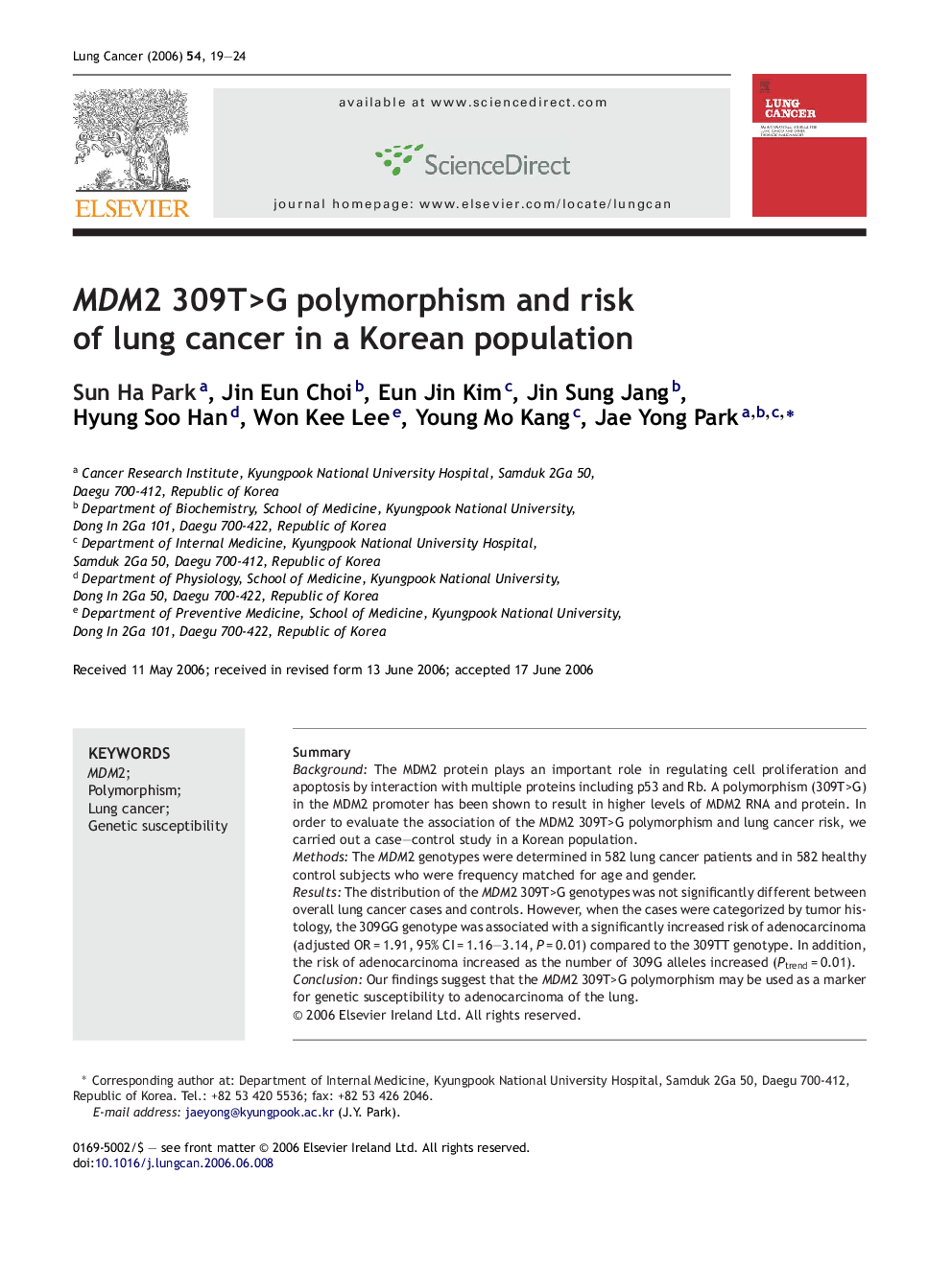 عکس صفحه اول مقاله: MDM2 309T>G polymorphism and risk of lung cancer in a Korean population MDM2 309T>G polymorphism and risk of lung cancer in a Korean population