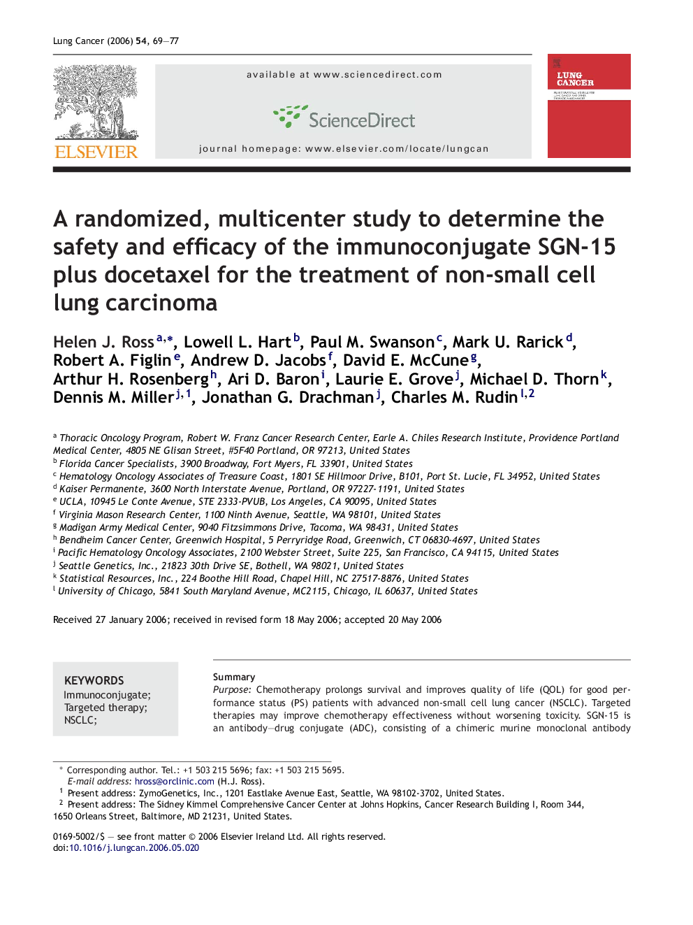 A randomized, multicenter study to determine the safety and efficacy of the immunoconjugate SGN-15 plus docetaxel for the treatment of non-small cell lung carcinoma